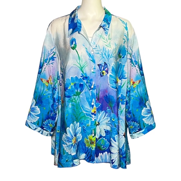 Ali Miles Plus Size 2X Artsy Colorful Butterfly Print Aqua Button Up Tunic Top - Picture 1 of 10